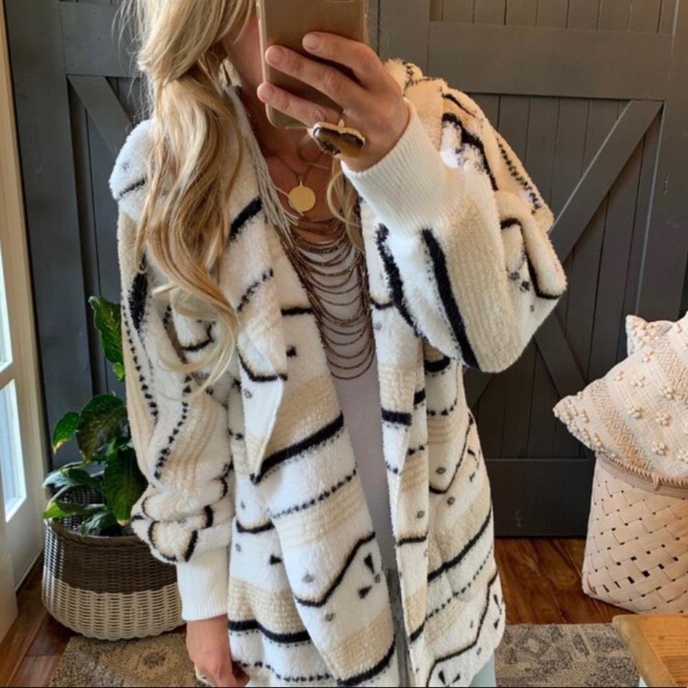 New Cozy Oversized Teddy Hooded Cardigan Sweater Coat / Western Southwest Boho - Picture 6 of 9